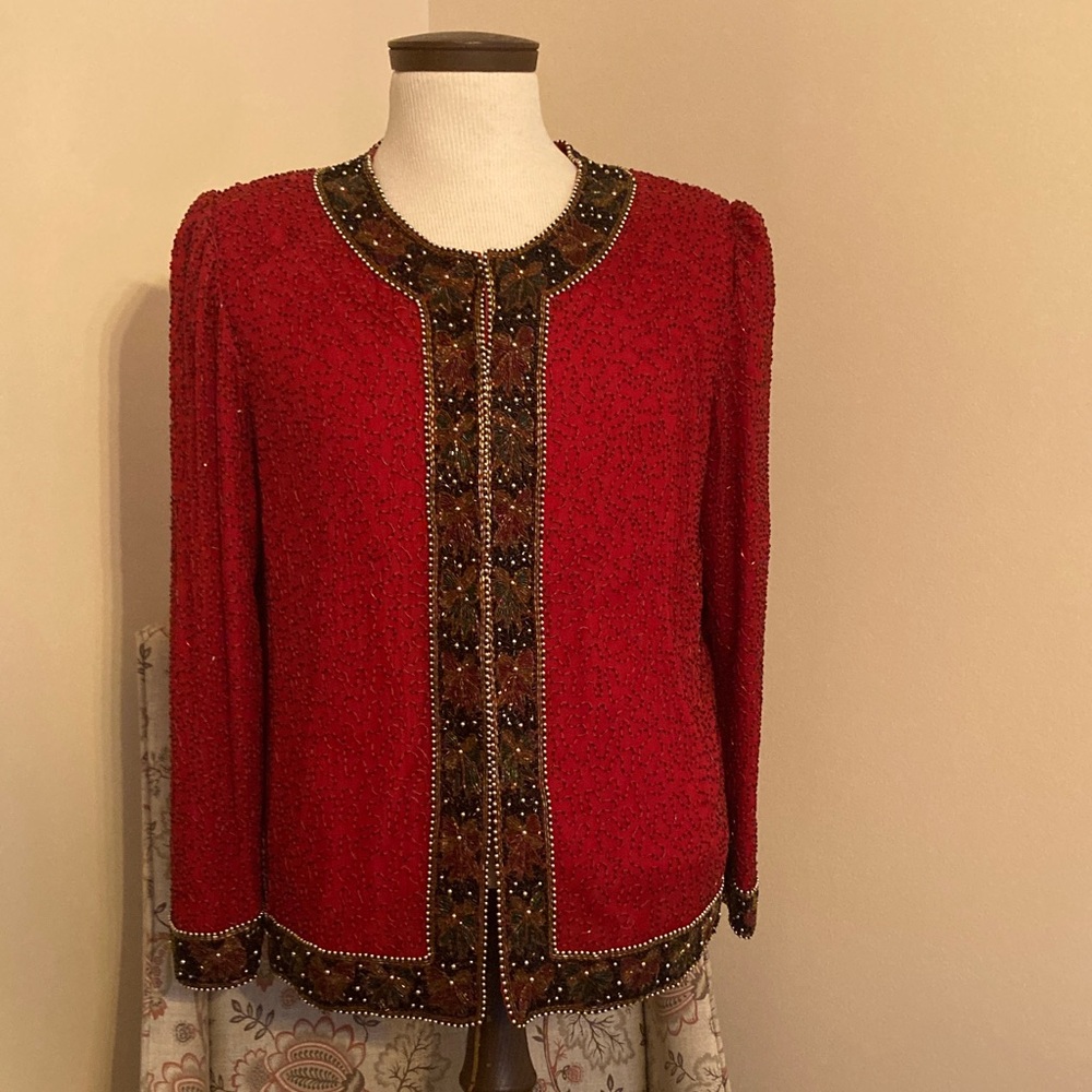 Laurence Kazar Red Beaded Cardigan